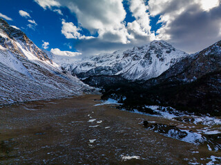 Aerial panorama of mountain peaks. Landscape and nature of the North Caucasus