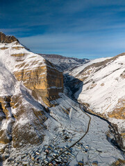 Beautiful aerial view of a mountain range with high cliffs. Landscape and nature of the North Caucasus