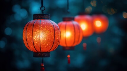 A serene display of glowing chinese lanterns in a twilight setting, creating a warm ambiance.