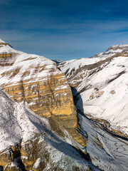 Beautiful aerial view of a mountain range with high cliffs. Landscape and nature of the North Caucasus