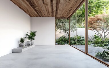 A simple and elegant empty living room with white walls, a concrete floor with a matte finish, a wooden ceiling featuring natural planks, and a wide window overlooking a vibrant garden.