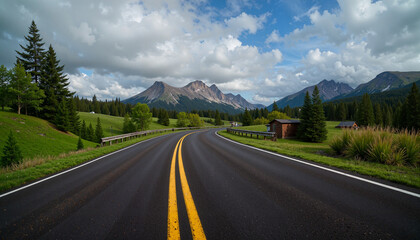 Scenic winding road leading through lush green landscapes with mountains and dramatic clouds in the sky with copy space