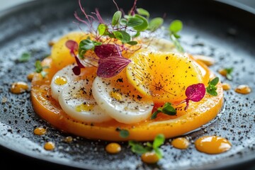 Sliced tomatoes and poached eggs with orange and herbs beautifully plated
