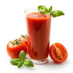 Refreshing glass of tomato juice with fresh tomatoes and basil.
