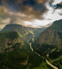 Beautiful aerial view of the mountain gorge. Landscape and nature of the North Caucasus