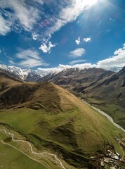 Aerial panorama of mountain peaks. Landscape and nature of the North Caucasus