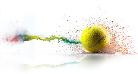 Tennis ball soars through air after a powerful smash during an intense match on a bright day in a vibrant sports facility