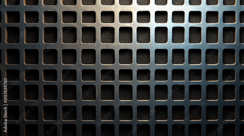Poster Close-up view of a textured metal grille showcasing a grid pattern with varied light reflections in a modern setting