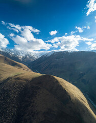 Aerial panorama of mountain peaks. Landscape and nature of the North Caucasus