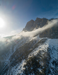 Mountains in the clouds, low clouds in a mountain valley. Landscape and nature of the North Caucasus