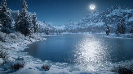 winter landscape with snow-covered trees, a stream winding through a snowy forest under a cold, clear sky