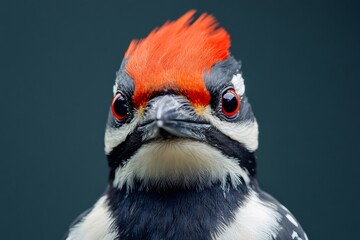 Fototapeta premium Red-crowned woodpecker showing its colorful plumage and red eyes on a dark green background