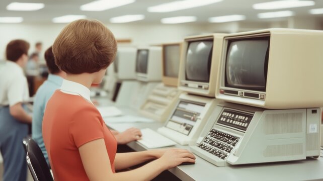 A woman using vintage computers in an office environment.
