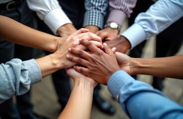 Diverse group of people join hands together. Teamwork, unity concept. Multiracial people support. Empowering partnership. Stronger together. Company success. Business, community. Positive vibe. Solid