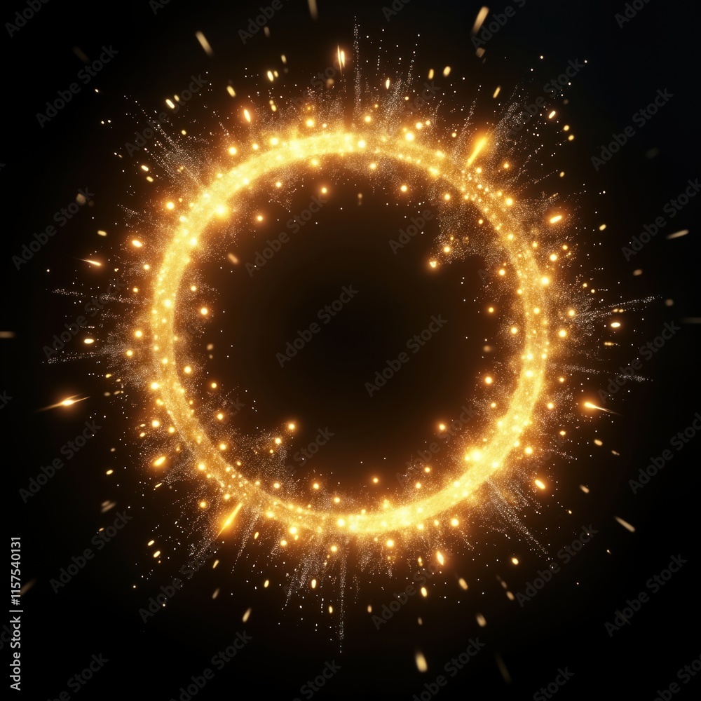 Aufkleber golden circular light effect shines bright on black background. particles sparkle, glow in circular 