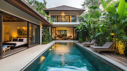 Modern balinese villa featuring inviting swimming pool and lush tropical greenery