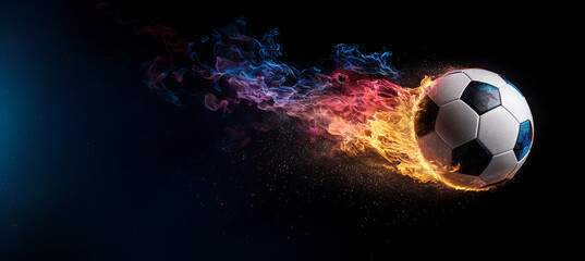 Naklejka premium Soccer ball soars through the air, propelled by a powerful kick with a trail of flames and smoke in a dynamic display of sport energy