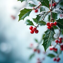 Winter holly branch with red berries covered in snow. Vivid plants against soft blue background. Holly branches form elegant frame. Festive holiday scene for christmas winter season. Perfect for