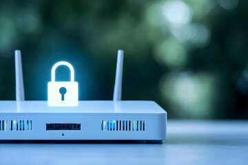 Secure Wi-Fi router with glowing padlock symbol, representing internet security and data protection.