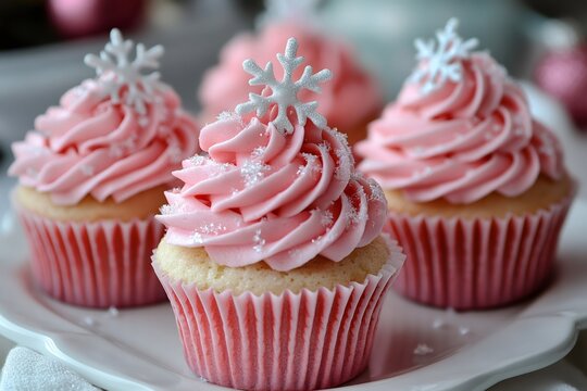 Pink cupcakes with snowflake sprinkles create a festive treat for christmas - Powered by Adobe