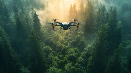 A drone hovers above a misty forest, capturing aerial views of the lush greenery below.