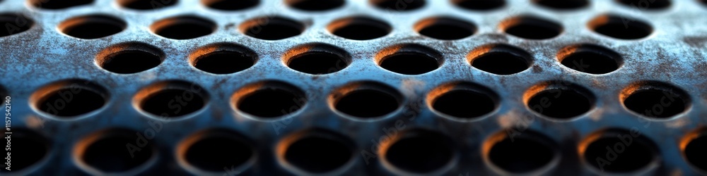 Poster Close-up view of a textured metal surface featuring evenly spaced circular holes reflecting light in a workshop or industrial setting around midday