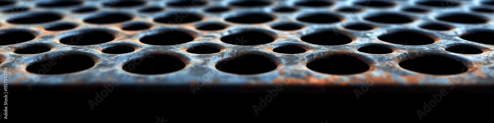 Aufkleber Close-up of a textured metal surface with circular holes showcasing rust and wear from time and use, emphasizing industrial design and material age