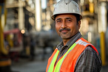 Fototapeta premium Indian engineer wearing hardhat and safety vest smiling in refinery