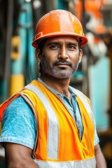 Indian construction worker wearing hardhat and safety vest posing on site