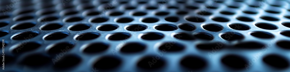 Poster close-up view of a textured metal surface with a pattern of evenly spaced holes, highlighting the in
