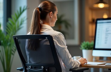 Young pro woman adjusts office chair for ergonomic comfort. Prepares to work at computer workstation. Sits at desk in modern office with plants. Focuses on optimal posture, comfort. Image highlights