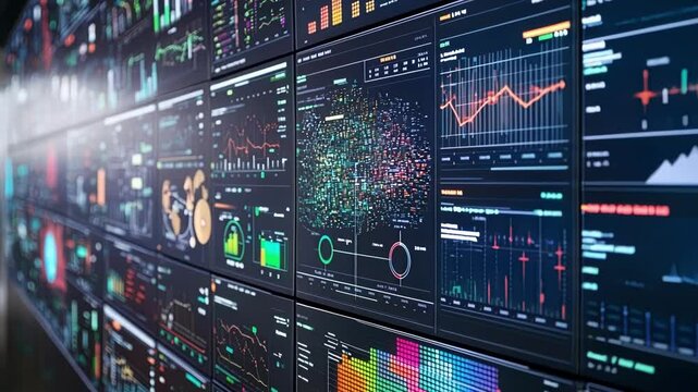 A closeup of a smart city control panel showcasing numerous screens displaying realtime data metrics and connectivity stats in vibrant colors reflecting enhanced urban connectivity.