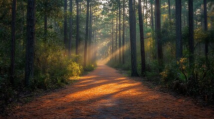 Fototapeta premium Sunlit Path Through A Pine Forest In Morning Mist