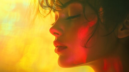 Serene woman's profile illuminated by vibrant, warm light.