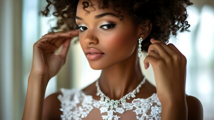 Bride trying on a necklace while wearing her chosen dress