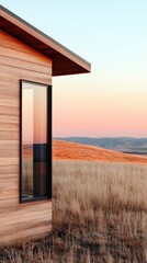 A modern wooden house sits in a golden field, with a large window reflecting the serene landscape...