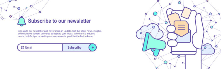Subscribe to newsletters and news alerts using a megaphone banner template with hand holding smartphone, connected dots, global big data, mobile display device