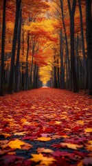 Autumnal path lined with vibrant trees, leaves covering the ground.