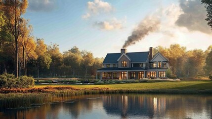Fototapeta premium Luxurious farmhouse by lake at sunset.