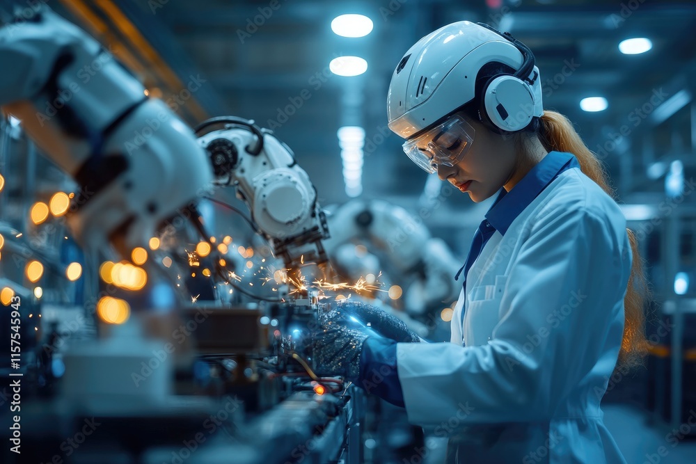 Poster industrial engineer working with robotic arms in factory