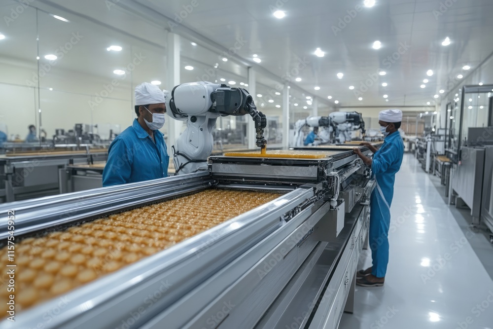 Poster food factory workers supervising automated production line with robotic arms pouring liquid