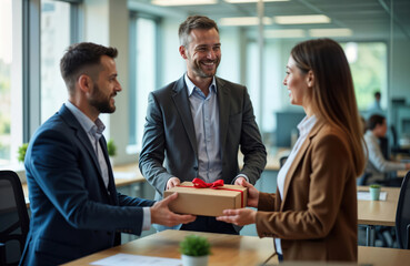 Business manager presents gift to colleagues in office. Positive interaction creates pleasant work atmosphere. Colleagues receive present with smiles, laughter. Appreciation, teamwork in corporate