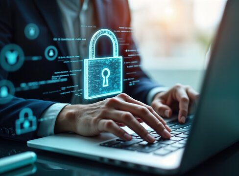 Business person works on laptop. Hands type on keyboard. Cyber security tech concept shown on screen. Lock, code graphic shows protection. Person manages secure system. Modern digital workspace.
