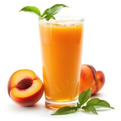 Fototapeta premium Refreshing peach juice in a tall glass, accompanied by fresh peach halves and vibrant green leaves.