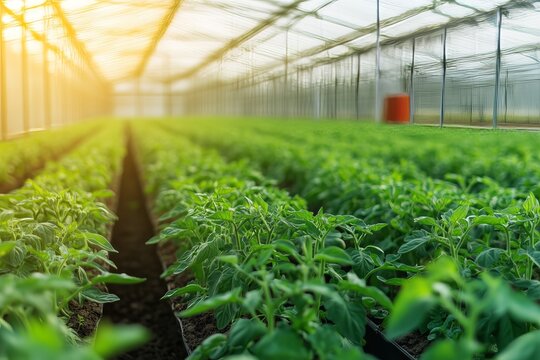Rows of tomato seedlings growing in greenhouse with sunset light