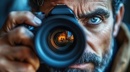 a man with a camera takes pictures