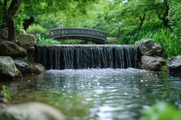 Waterfall flowing into pond in green forest with wooden bridge