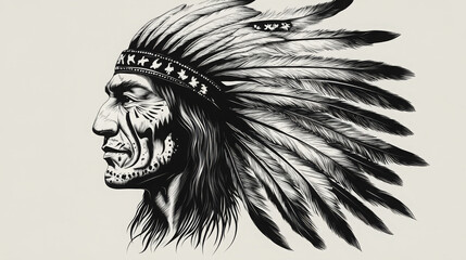 Profile of Native American Man in Black and White