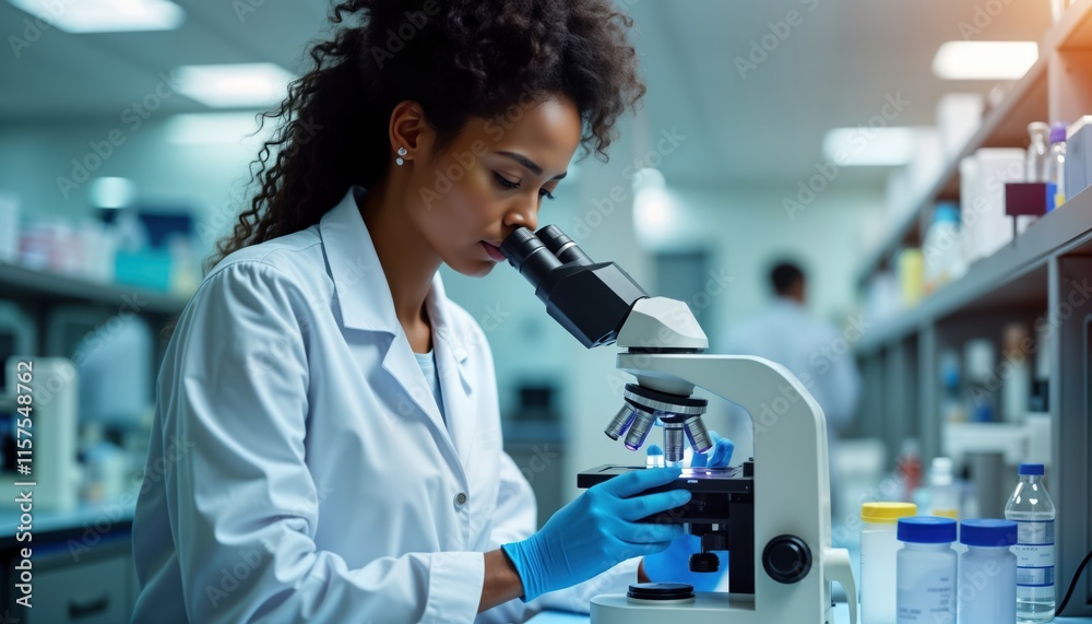 Aufkleber young black female scientist works in medical lab. looks intently under microscope examining sample.
