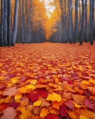 Autumnal path lined with vibrant trees and fallen leaves.